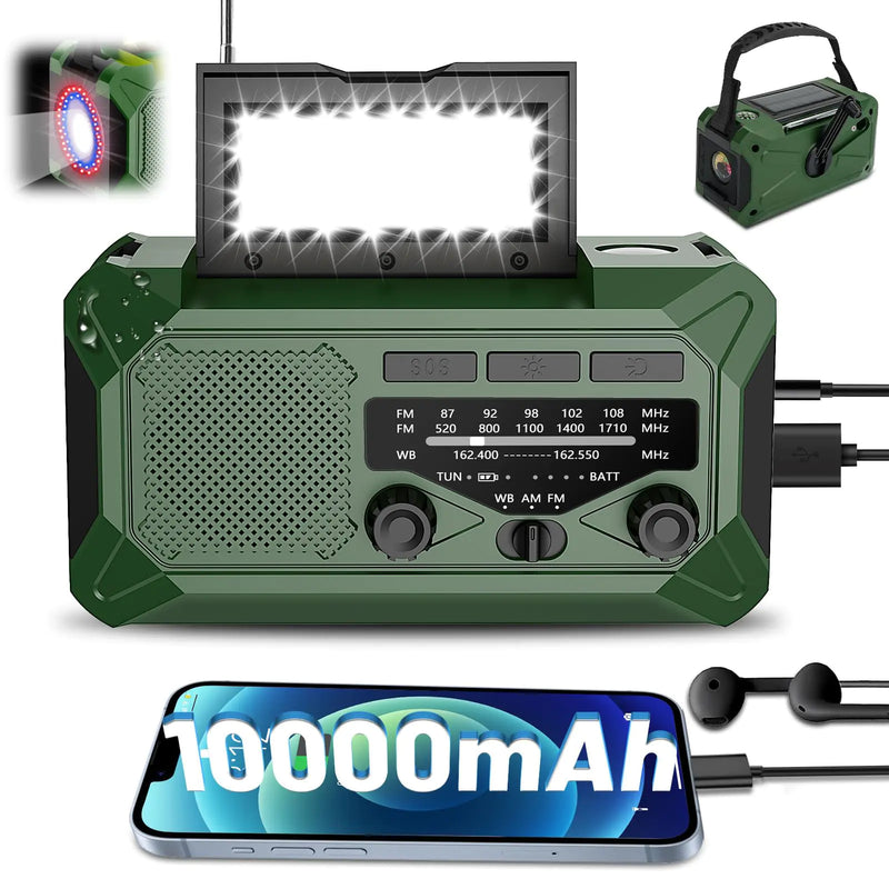 10000mAh Emergency Hand Crank Radio with LED Flashlight AM/FM NOAA Portable Weather Alert Radio Solar Powered Radio with Phone Charger USB Charged Headphone Jack SOS Alarm Compass (Green)